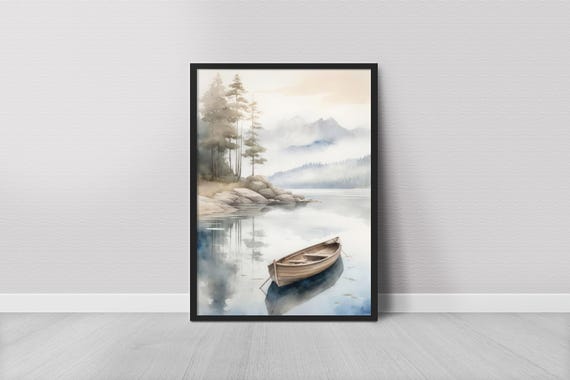 Boat Watercolor Painting Misty Landscape Art Print Rowboat Wall Lake Poster