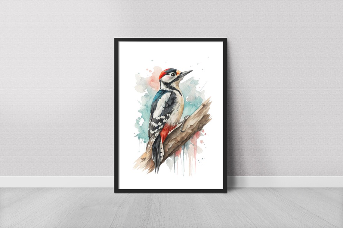 Great Spotted Woodpecker Watercolor Bird Art Print Nature Wall Decor