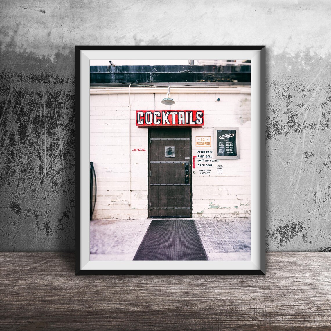 Cocktails Red Neon Sign Above Door Vintage Bar Photography Poster
