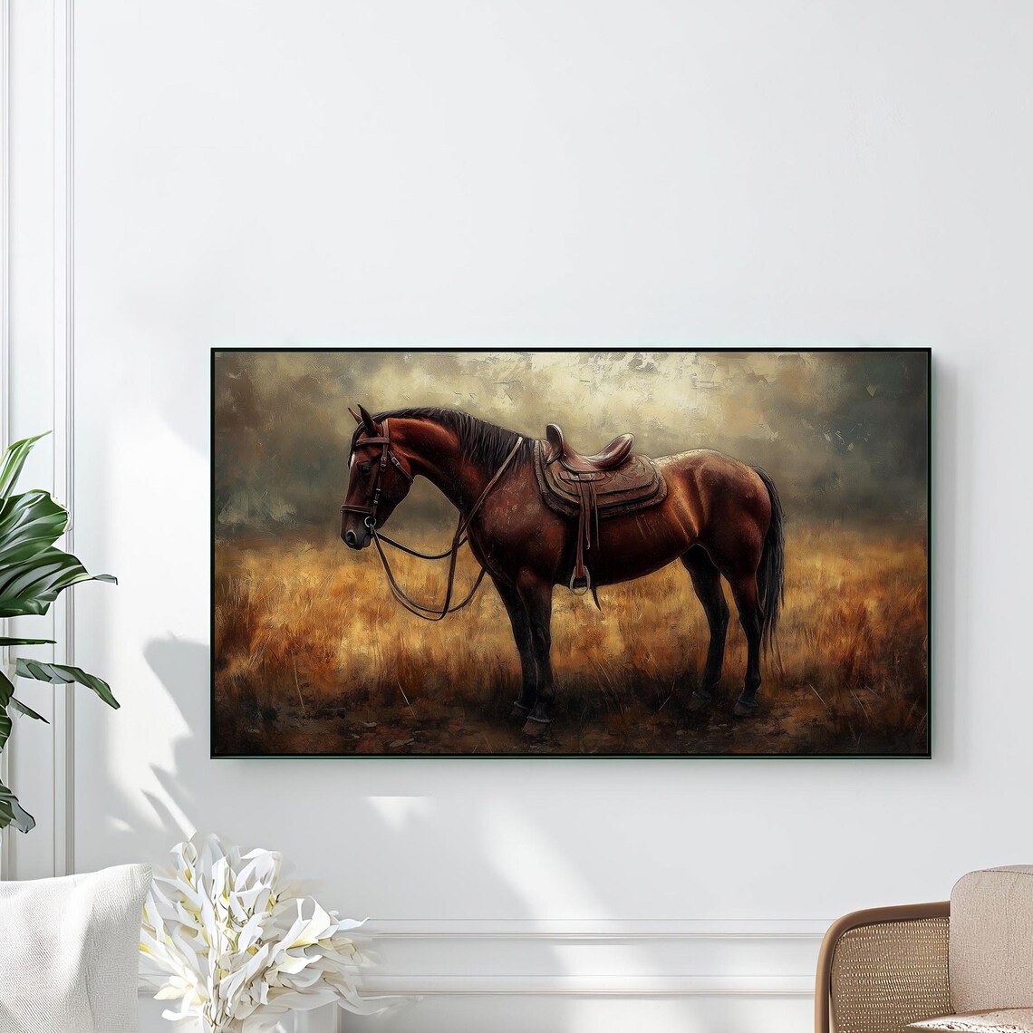 Bay Horse Western Saddle Moody Vintage Golden Field Art Poster - Image 2