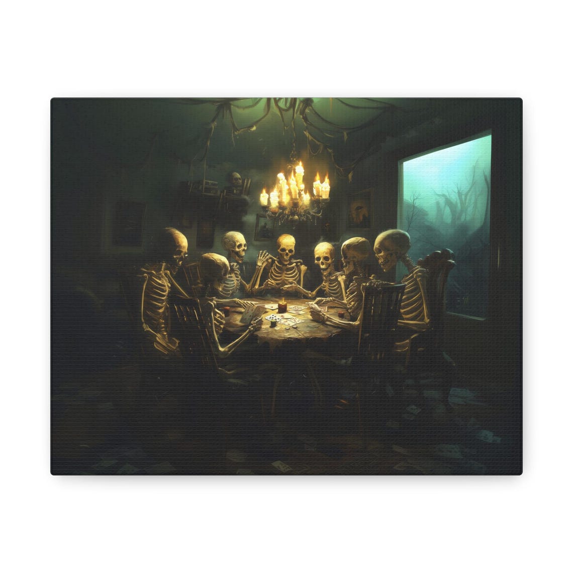 Six Skeletons Playing Poker in Candlelit Gothic Halloween Poster - Image 2