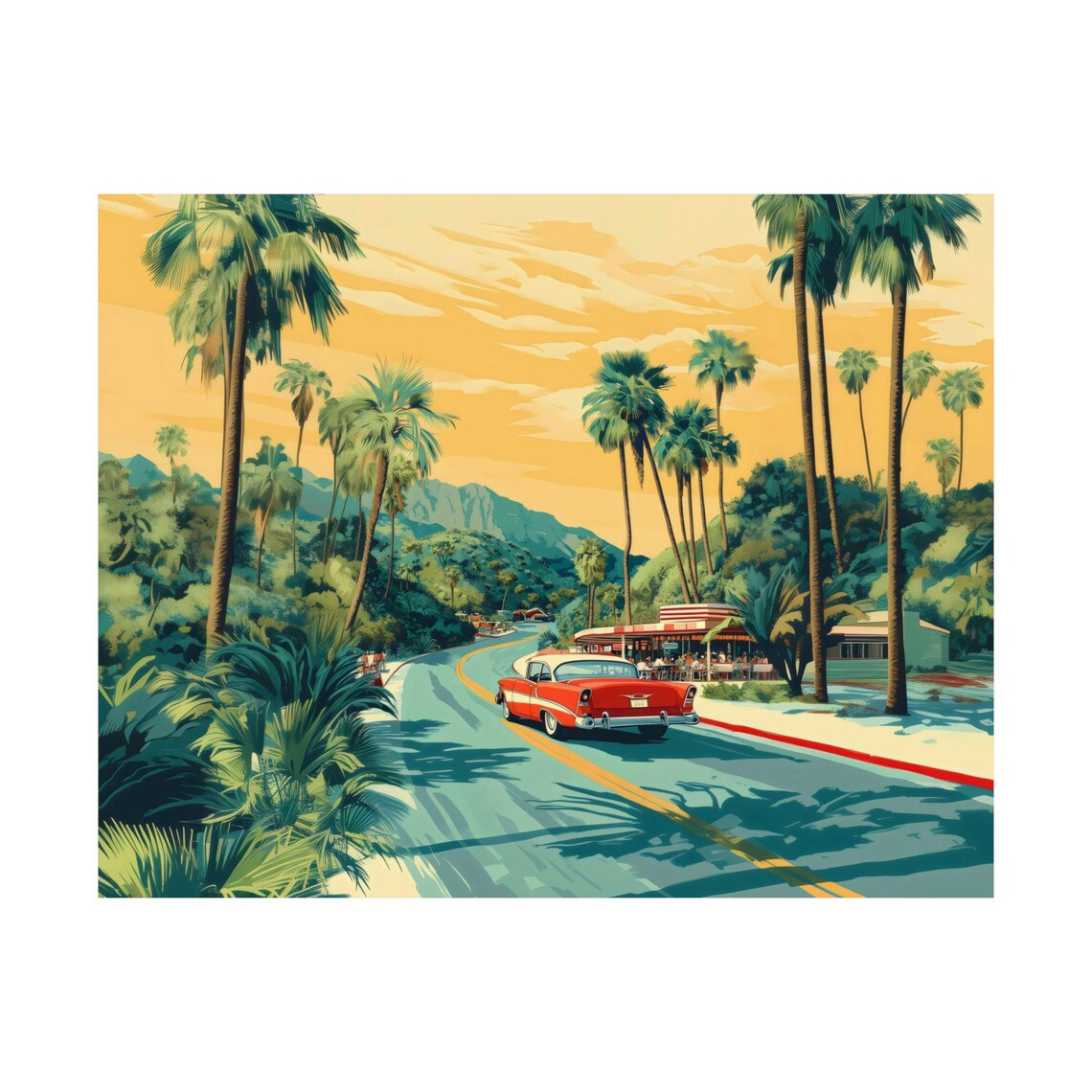 Classic Red Convertible On Coastal Palm Road Retro Travel Wall Art - Image 3