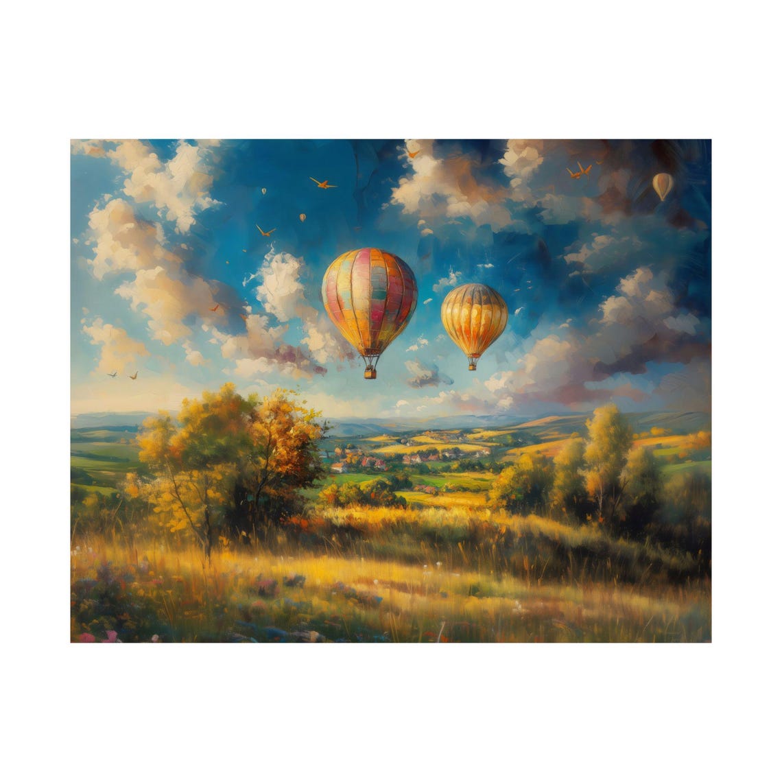 Two Hot Air Balloons Countryside Sunset Drift Peaceful Sky Print - Image 3