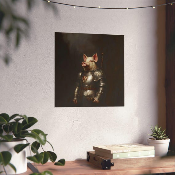 Maximalist Eclectic Medieval Pig Knight Poster Print Bold Altered Animal Portrait Fantasy Colorful Renaissance Rustic Vintage Art