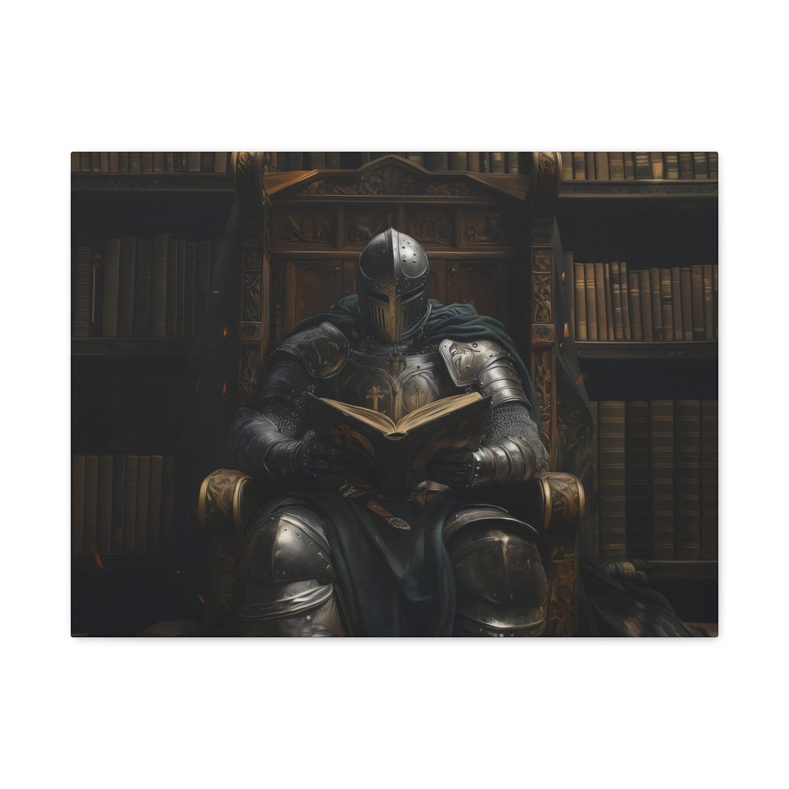 Armored Knight Reading Book In A Shadowy Grand Library Print - Image 2