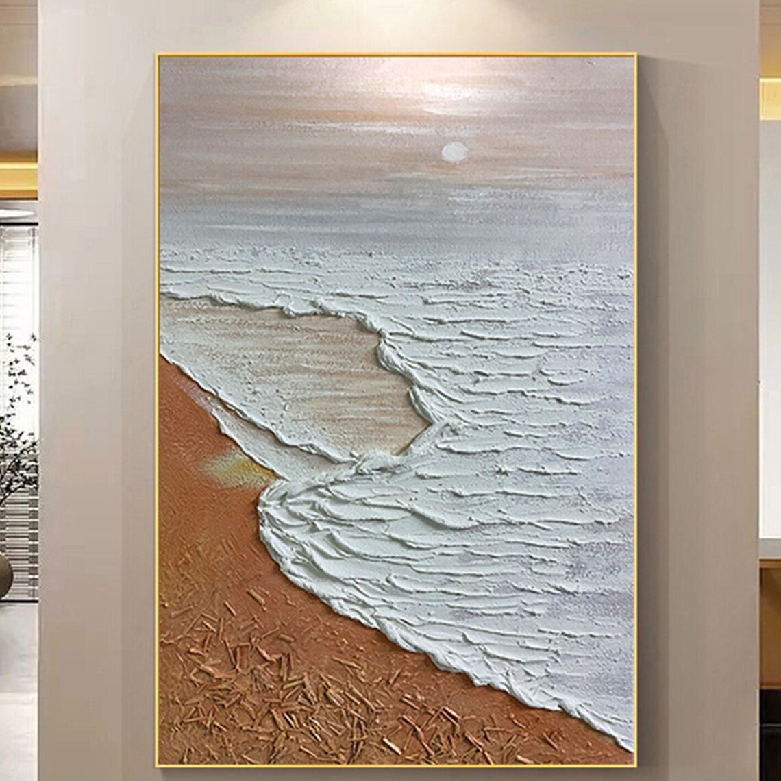 Ocean Waves Orange Sand 3D Textured Beach Painting Vertical Poster