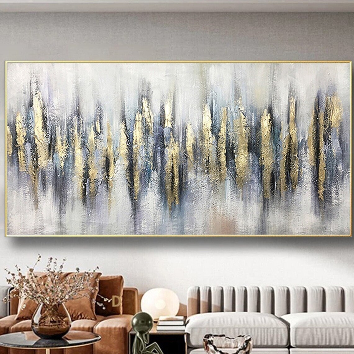 Gold Leaf Abstract Painting, Living Room Wall Decor