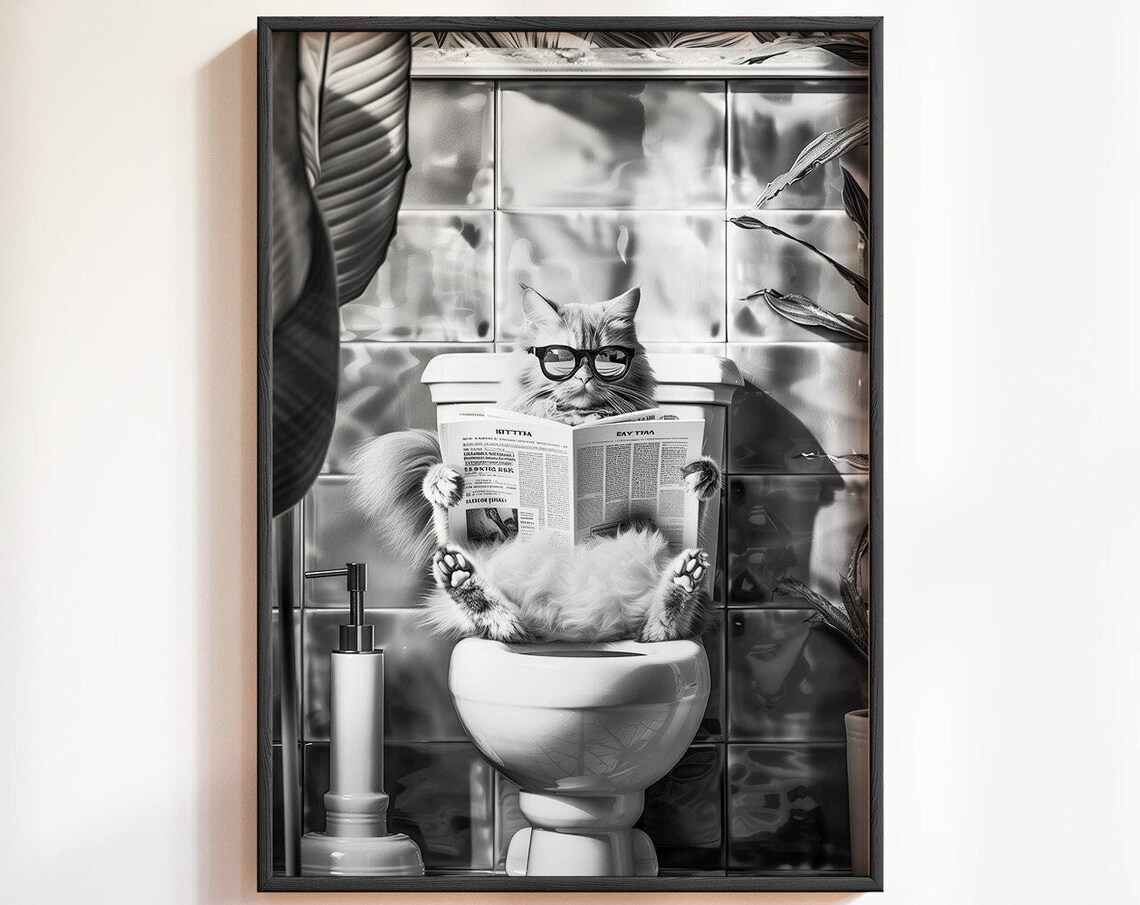 Black And White Cat Wearing Glasses Reading On Toilet Funny Bathroom Poster
