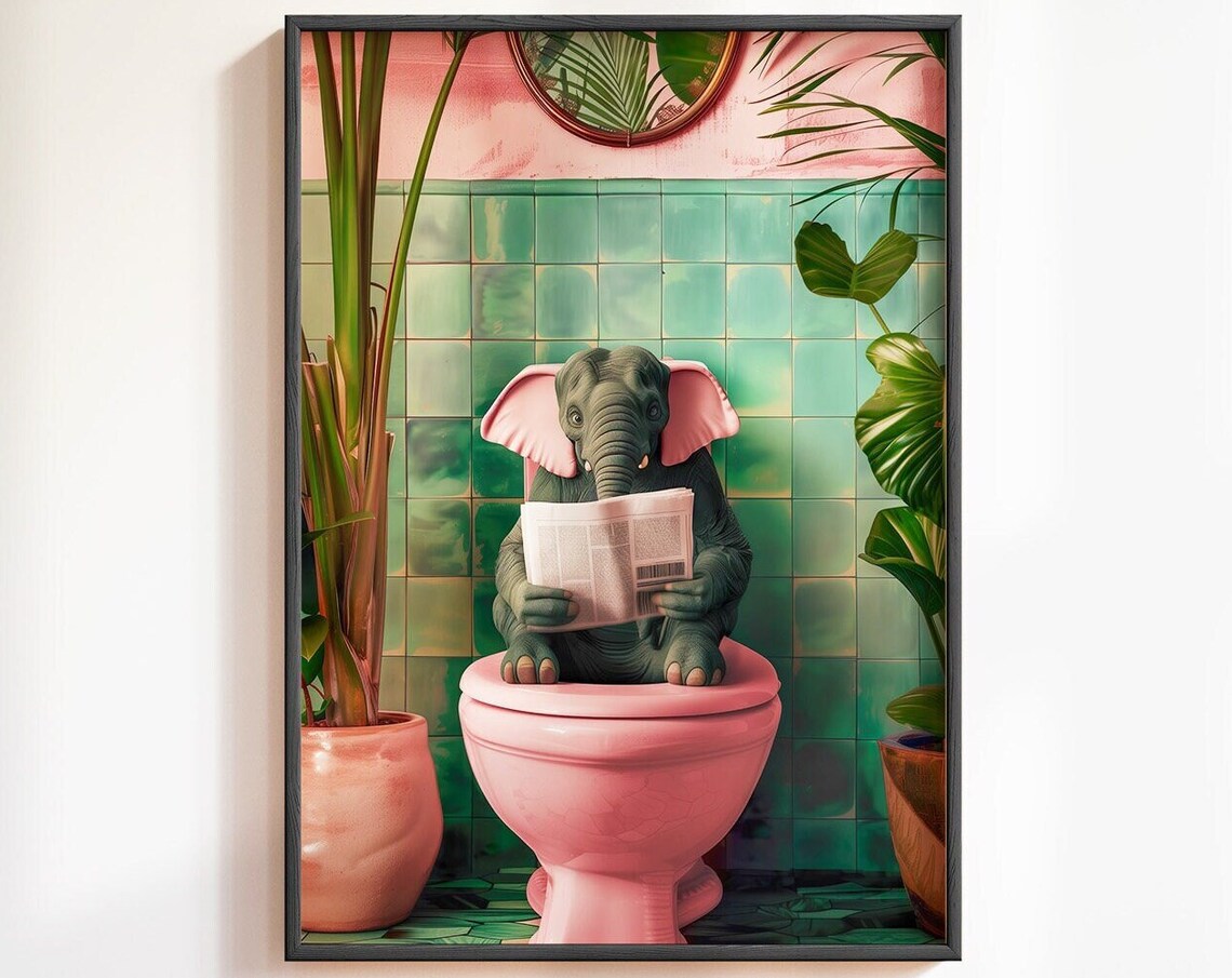 Baby Elephant Reading Newspaper Pink Toilet Funny Art Poster