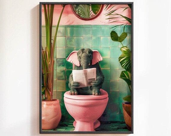 Baby Elephant Reading Newspaper Pink Toilet Funny Art Poster