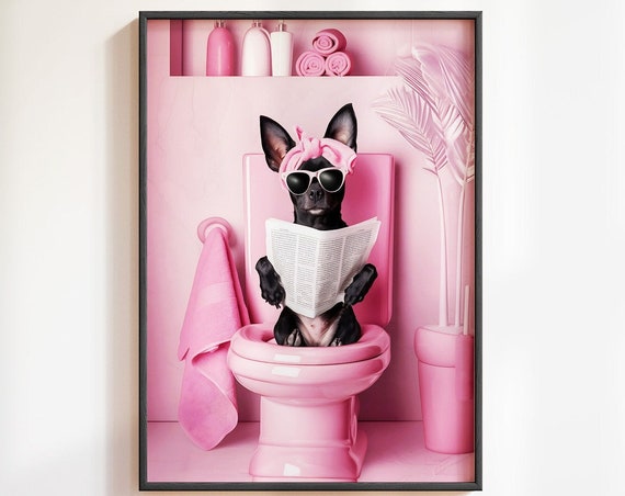 Bathroom Mini Pinscher Print Funny Poster Funny Bathroom Wall Decor Dog On Toilet Print Toilet Wall Art Miniature Pinscher Dog Poster Print