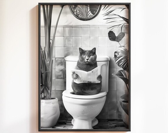 Black Cat Reading Newspaper Toilet Funny Bathroom Cat Poster