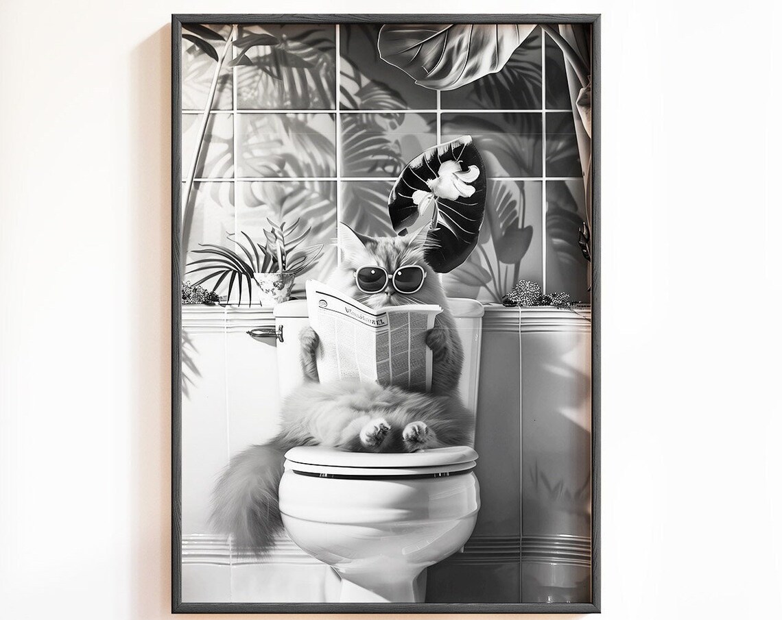 Black and White Bathroom Cat Poster, Funny Decor