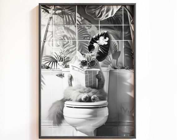 Black and White Bathroom Cat Poster, Funny Decor