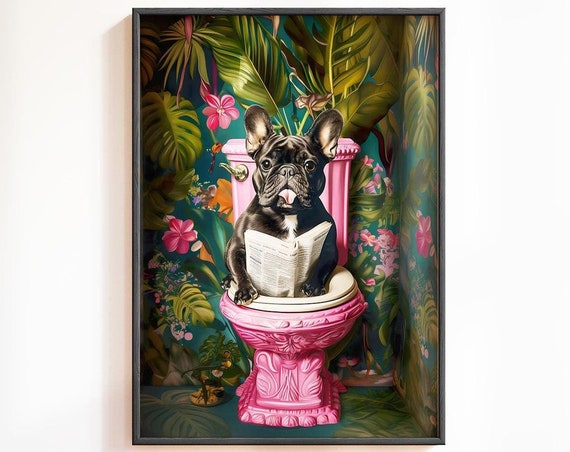 Bathroom Black French Bulldog Reading On Toilet Print Funny Dog Print Toilet Wall Art Bathroom Wall Art Funny Bathroom Decor Dog On Toilet