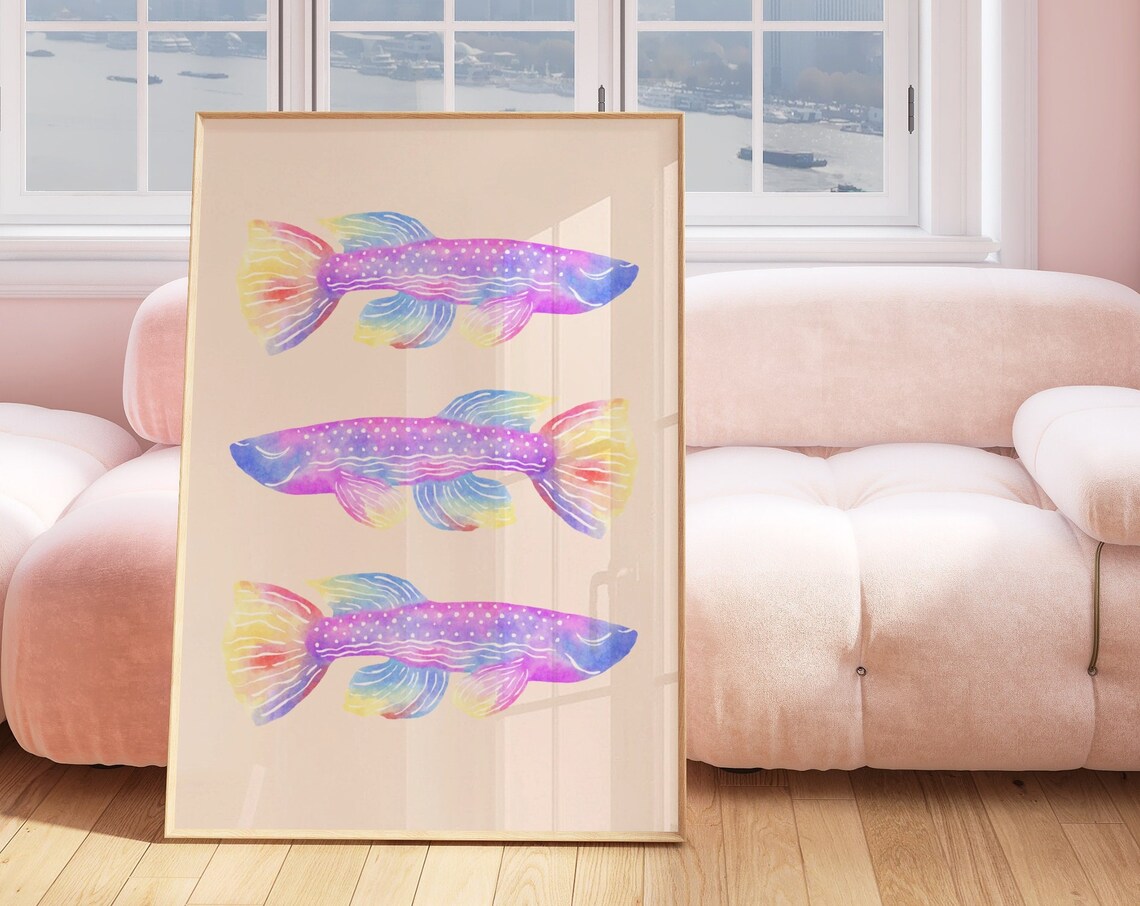 Watercolor Betta Fish Trio Purple Blue Yellow Fish Art Poster - Image 2