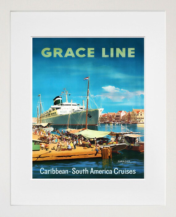 Curacao Caribbean Travel Poster, Grace Line Art