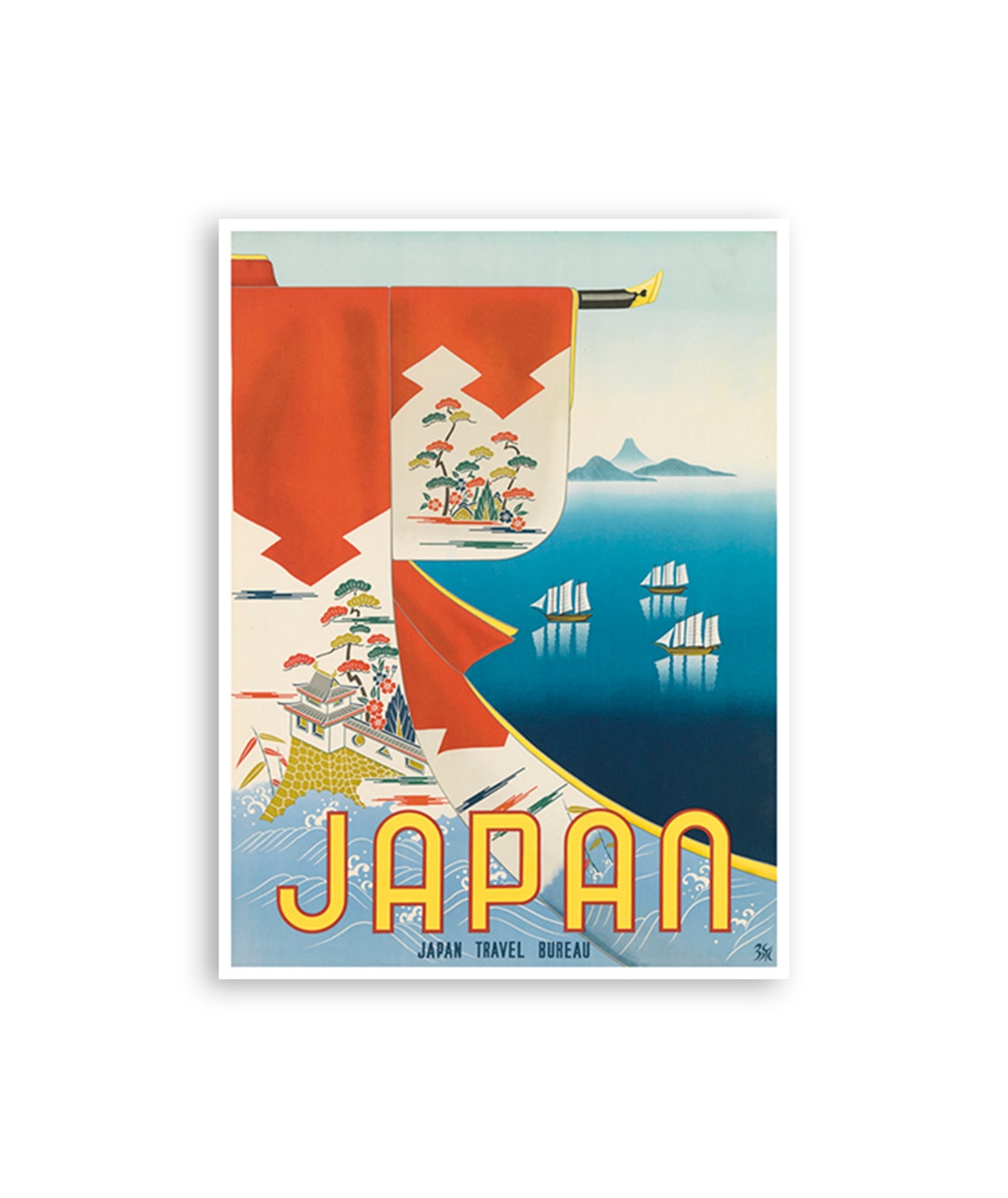 Japan Vintage Kimono Travel Bureau Sailing Ships Retro Art Poster