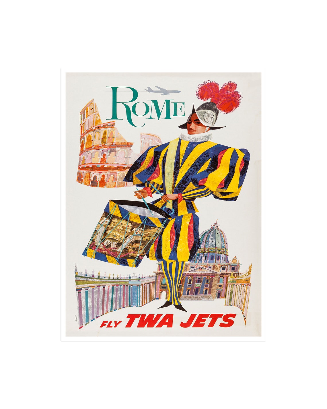 Fly Rome Fly TWA Jets Vintage Poster with Drummer and Colosseum