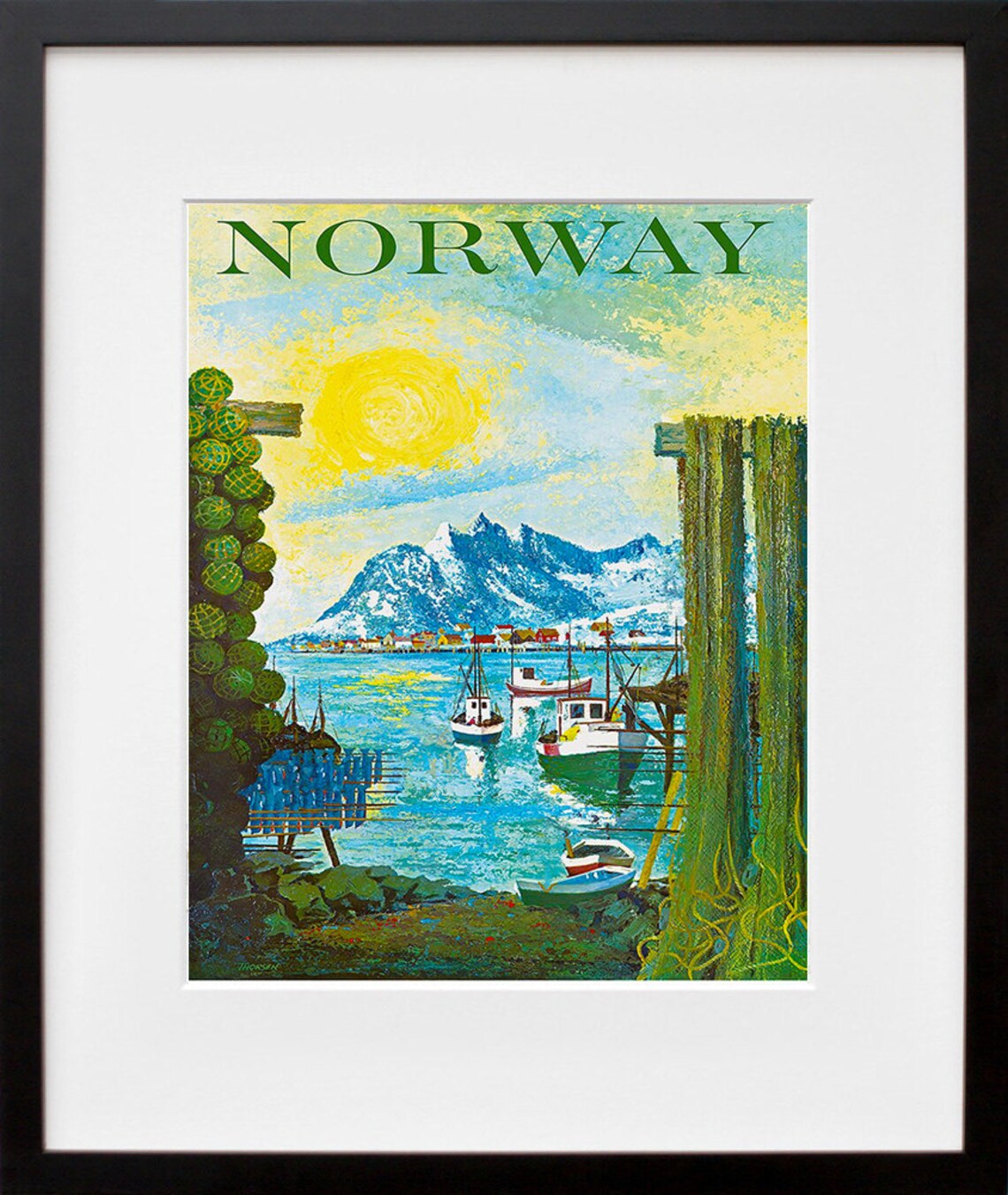 Norway Fishing Harbor Boats Mountains Retro Nordic Travel Poster