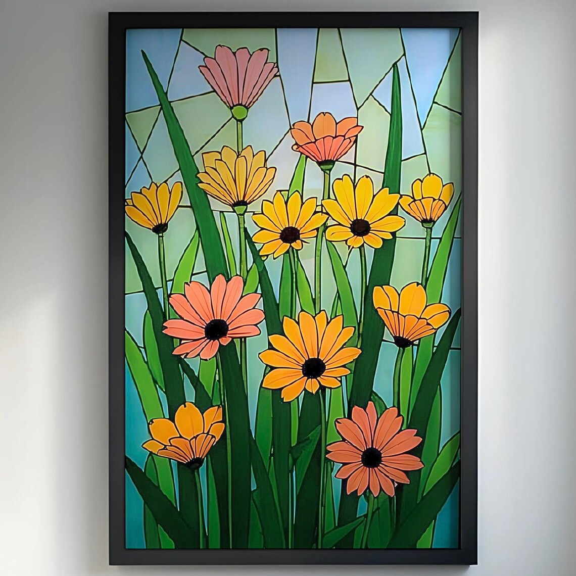 Stained Glass Daisies Yellow Orange Coral Floral Garden Poster