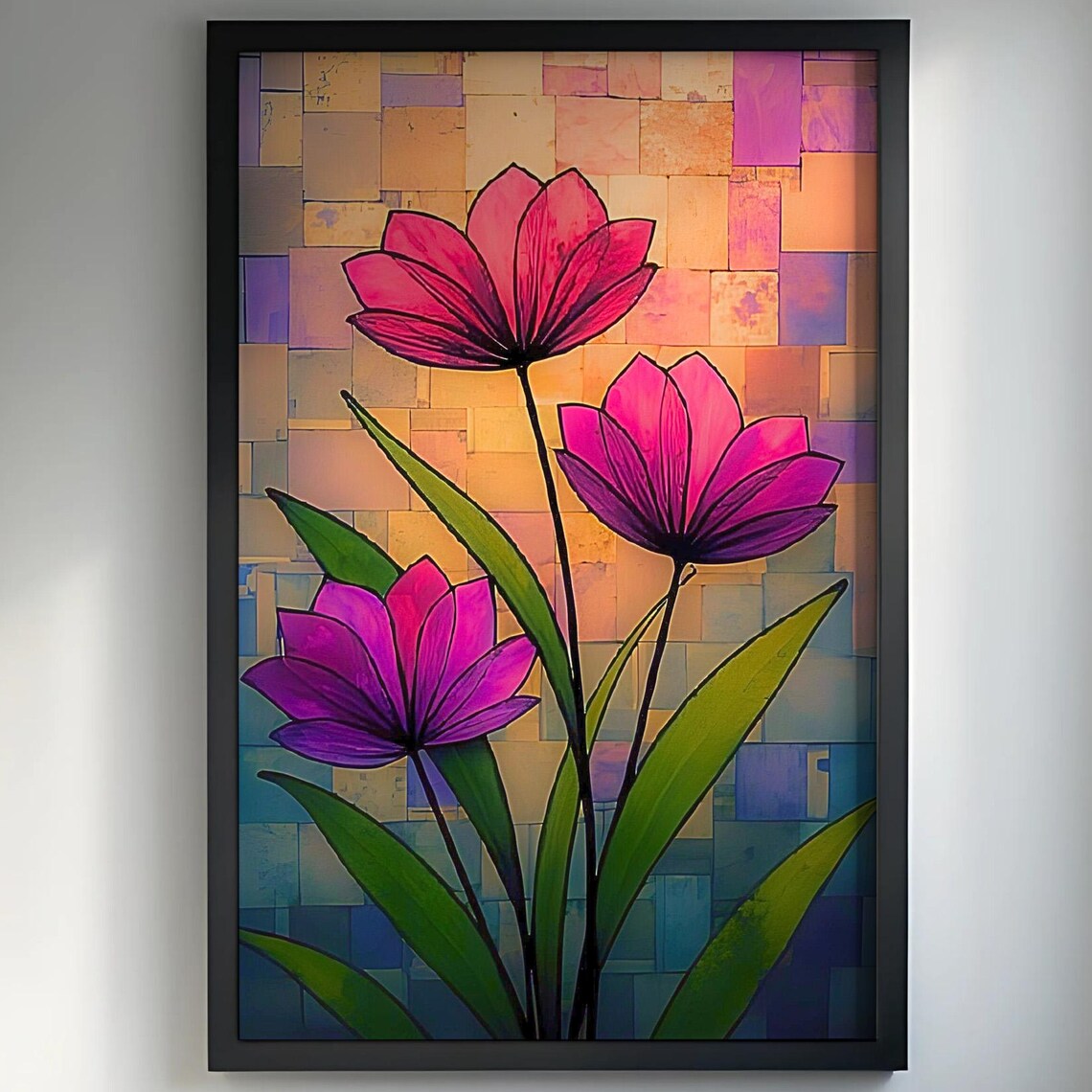 Magenta Stained Glass Flowers Floral Spring Garden Art Poster
