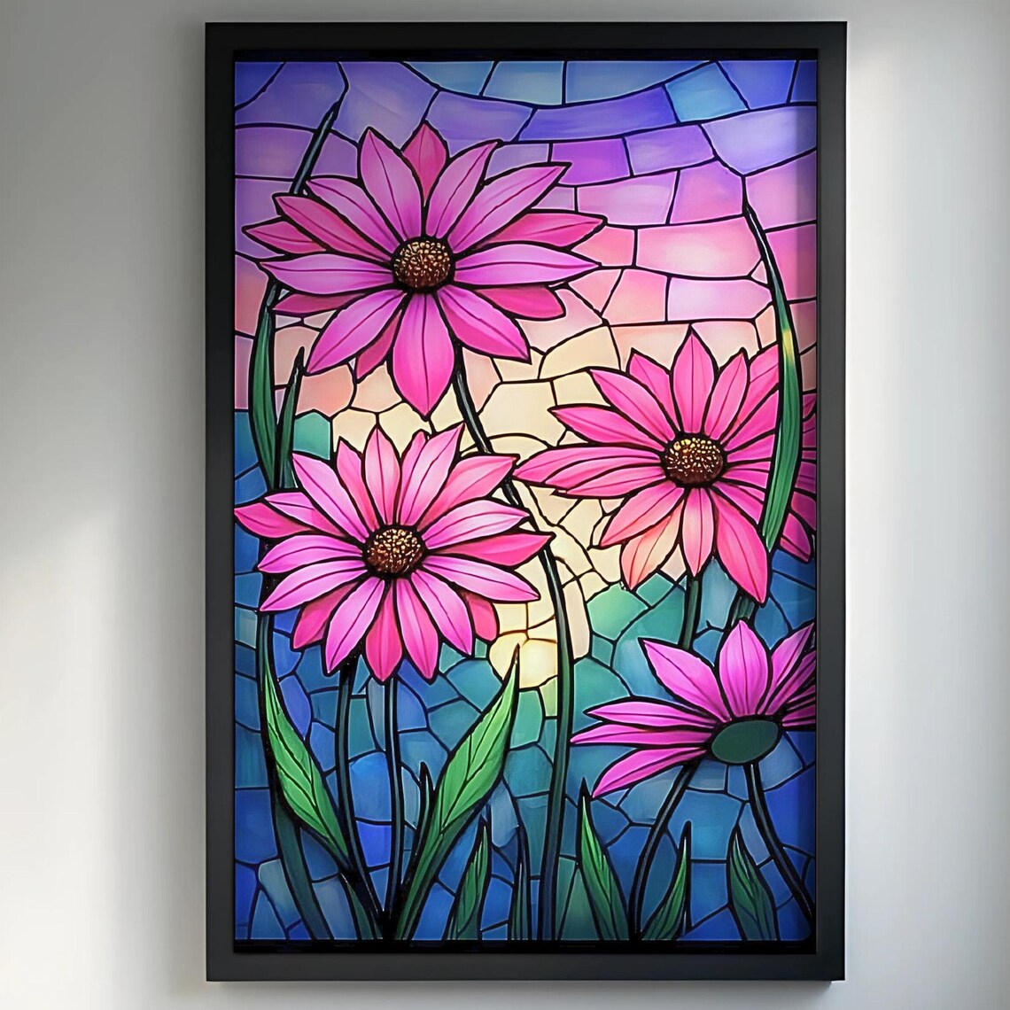 Pink Daisies Stained Glass Style Floral Garden Bouquet Poster
