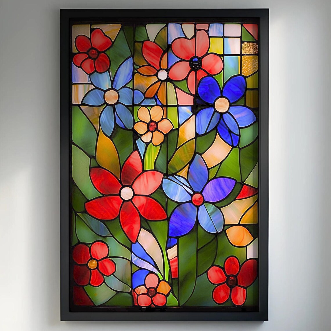 Stained Glass Wildflowers Red Blue Colorful Botanical Poster
