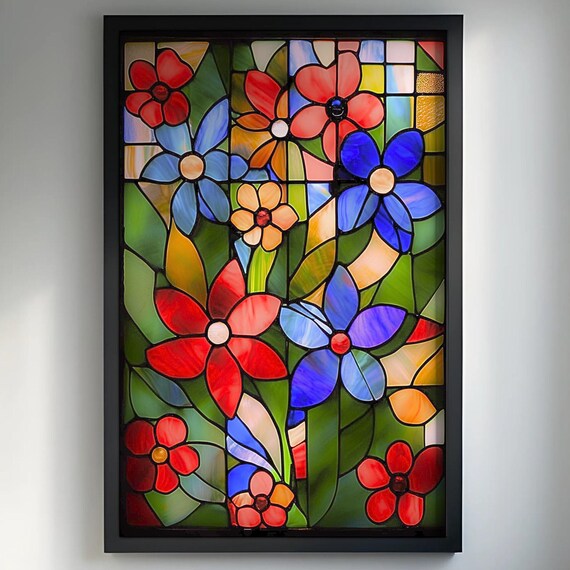 Stained Glass Wildflowers Red Blue Colorful Botanical Poster