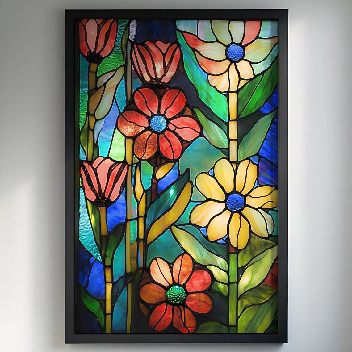 Colorful Stained Glass Daisies in Red Yellow and Blue Poster