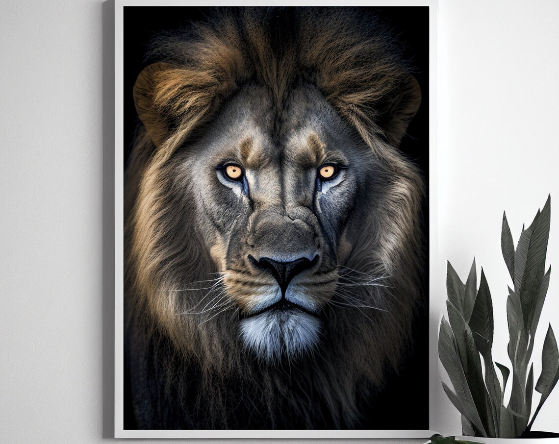 Majestic Lion Close Up Portrait Amber Eyes Dark Background Poster - Image 2