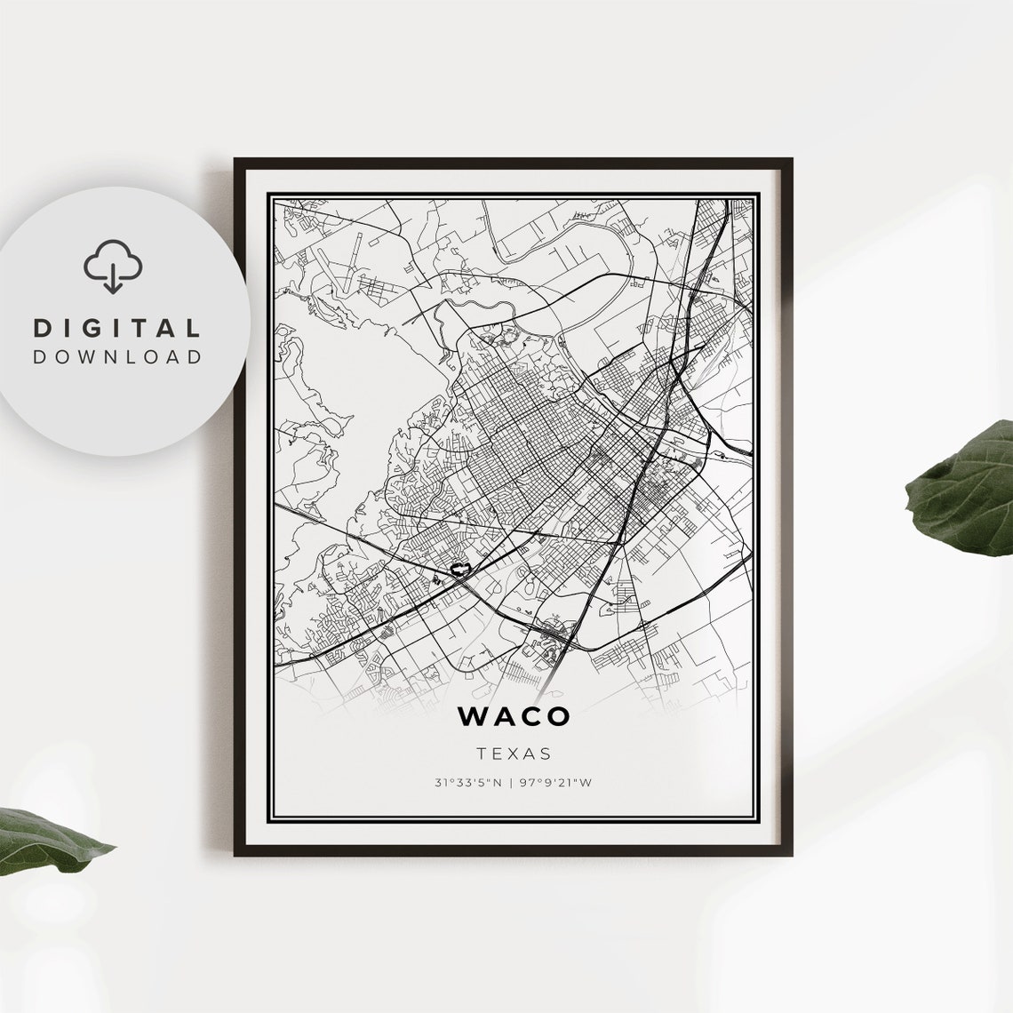 Waco Texas City Street Map Coordinates Modern Black Wall Poster