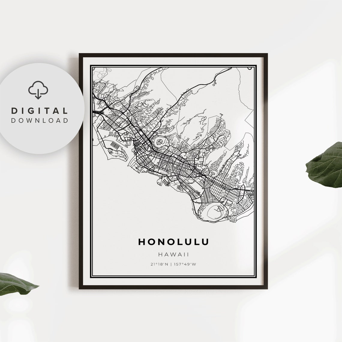 Honolulu Hawaii Minimal Black and White Island Street Map Poster