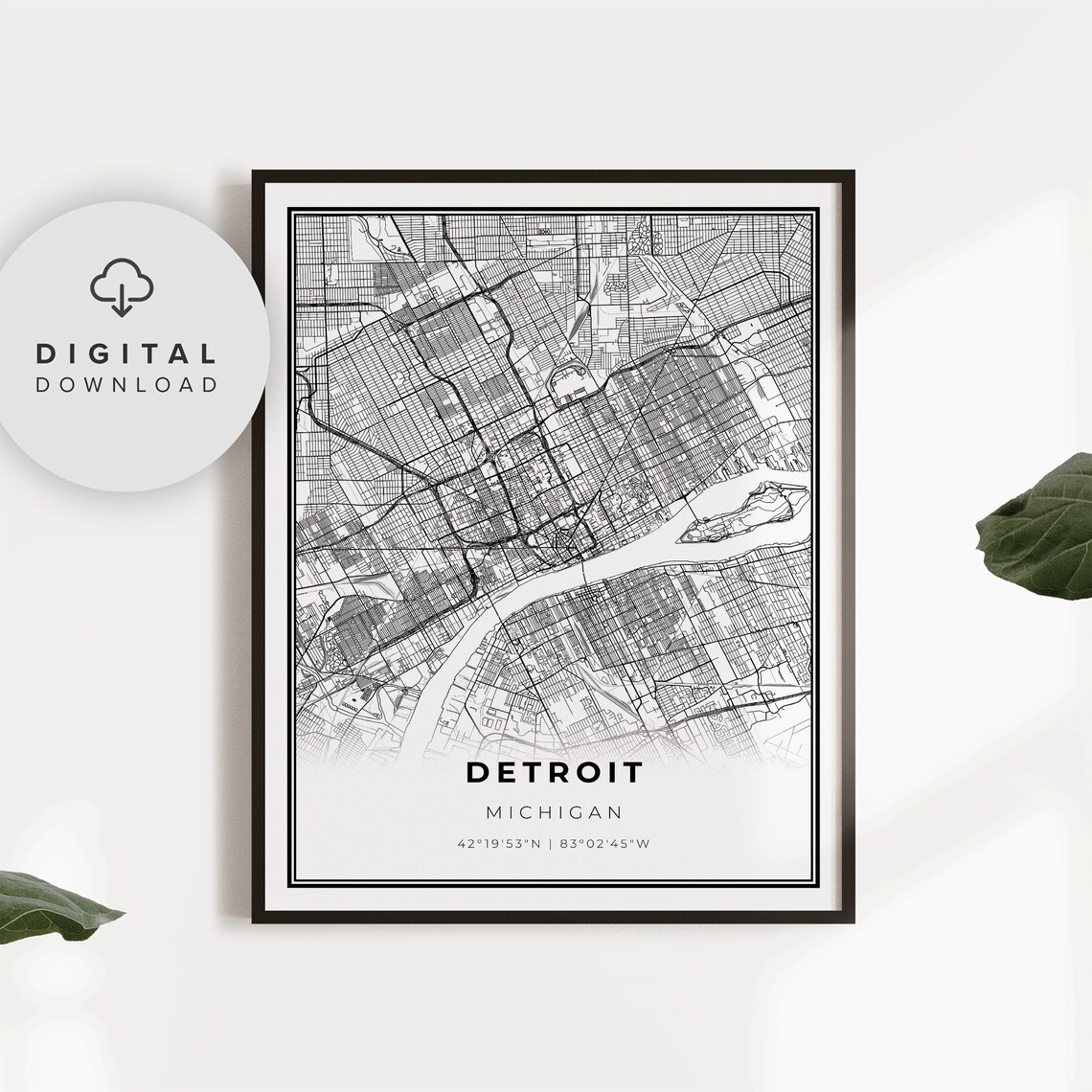 Detroit Michigan City Street Map Minimalist Black and White Poster