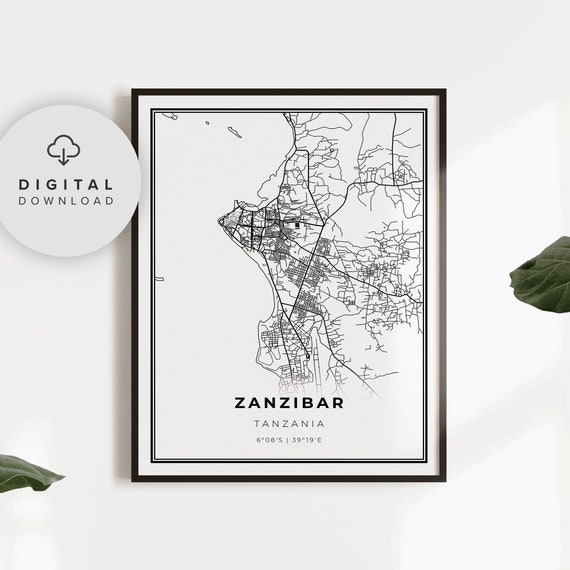 Zanzibar Map Print Tanzania Art Poster Unguja City Street Road Office Np425