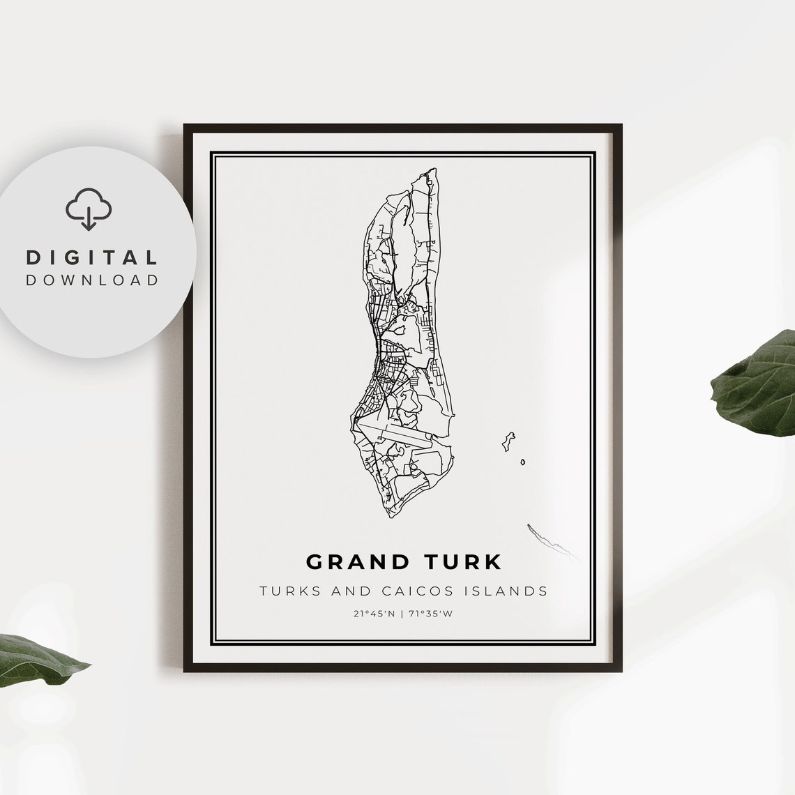 Grand Turk Turks and Caicos Island Coastline Map Minimalist Print