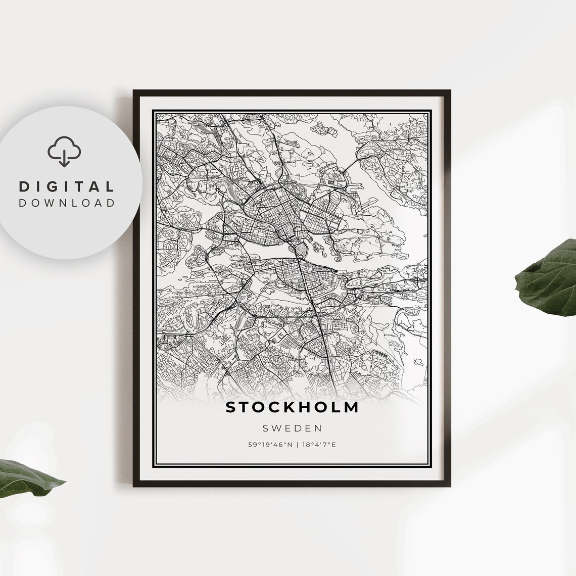 Stockholm Sweden Modern Black White City Street Map Poster Artwork