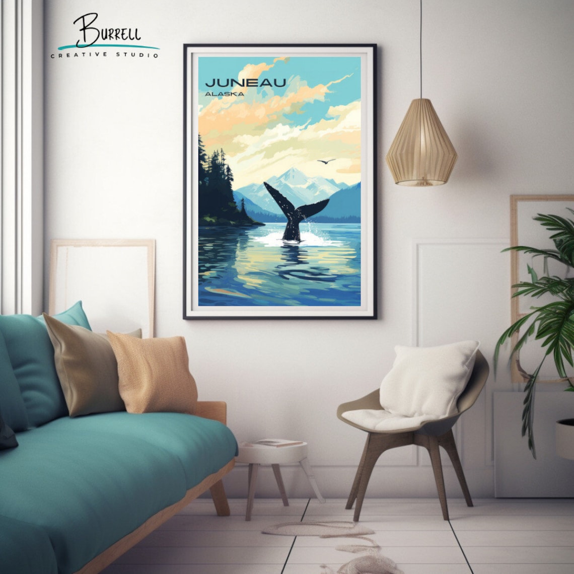 Juneau Alaska Humpback Whale Fluke Dive Mountain Lake Poster - Image 3