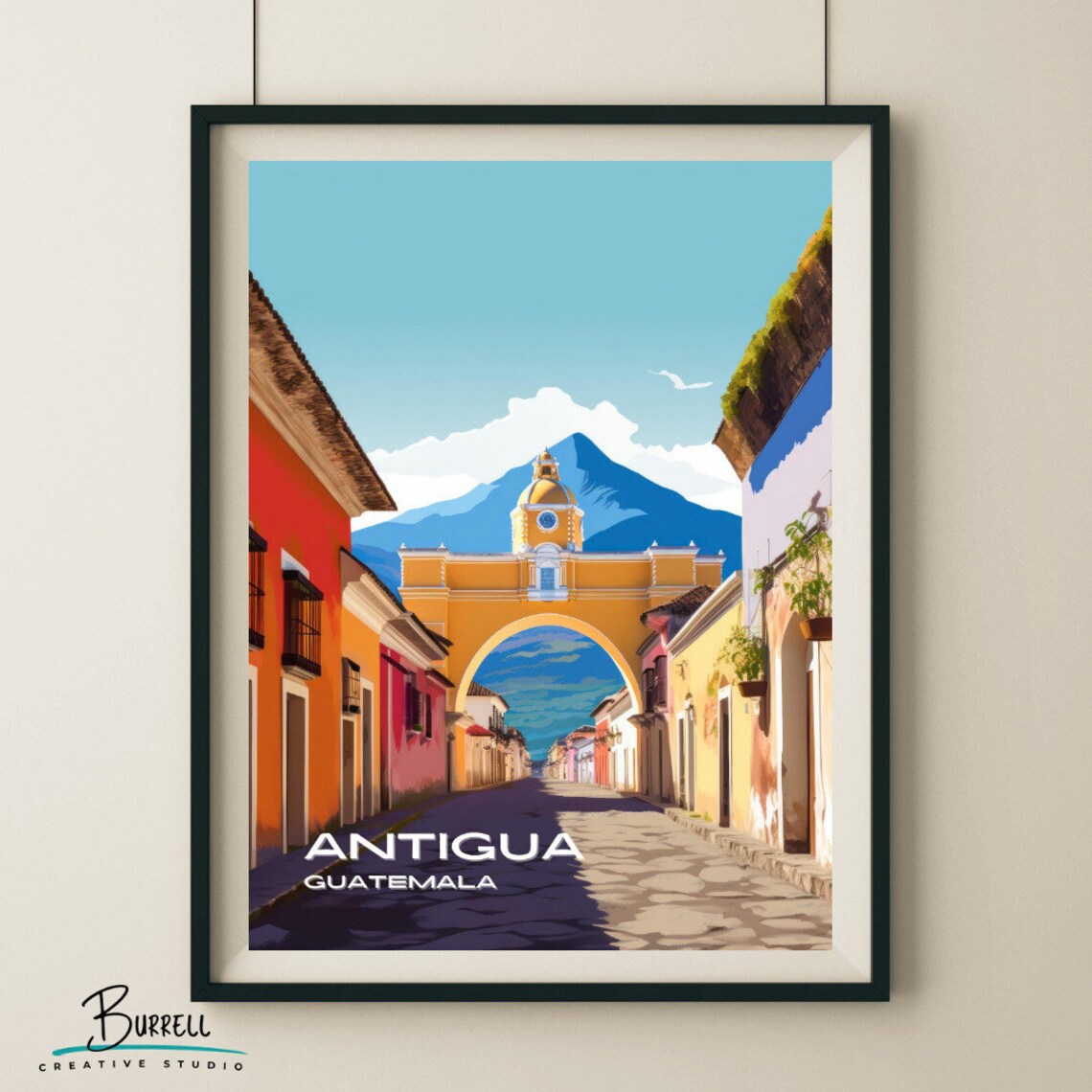 Antigua Guatemala Santa Catalina Arch Volcano Colonial Street Poster