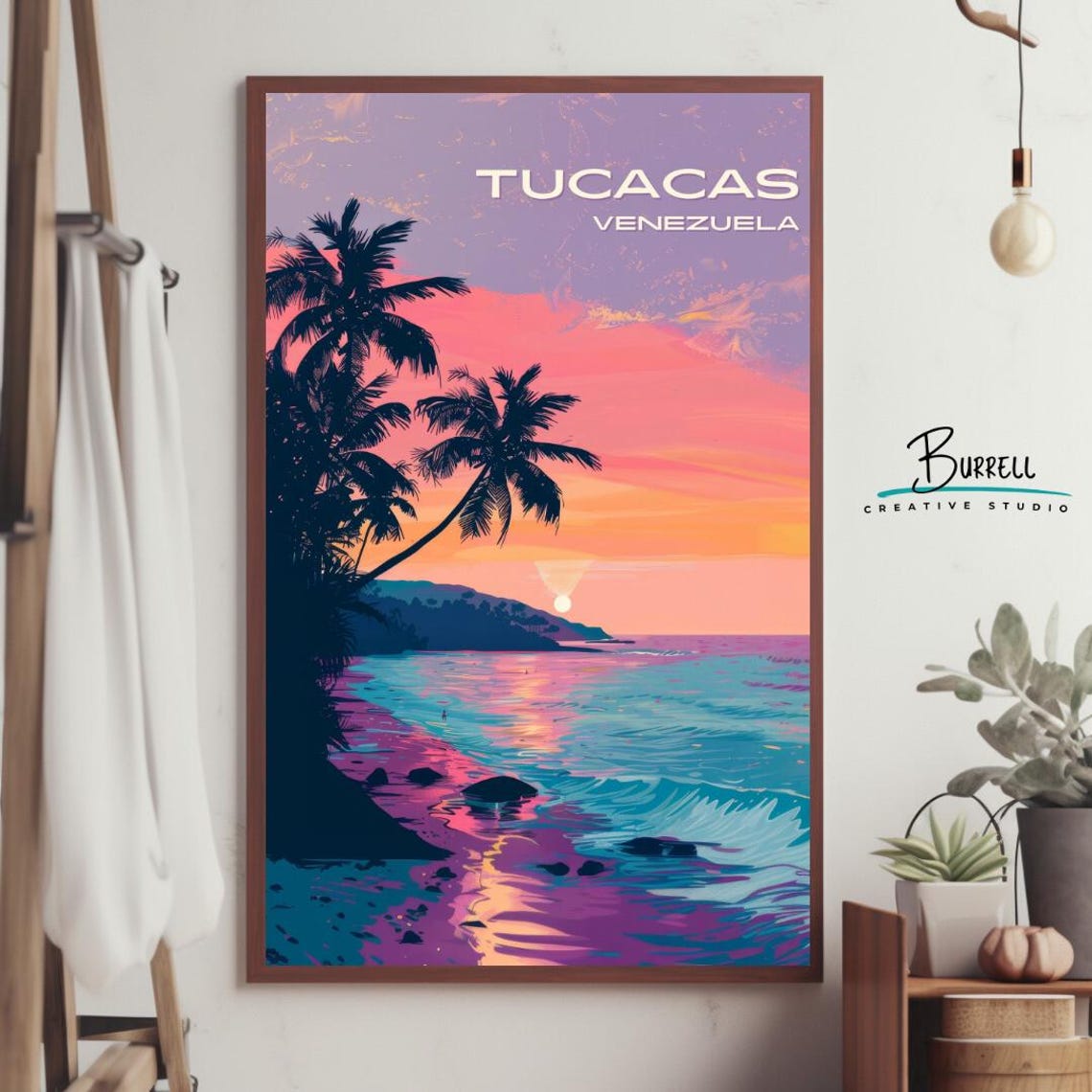 Tucacas Venezuela Beach Sunset Pink Sky Palm Trees Travel Poster - Image 4
