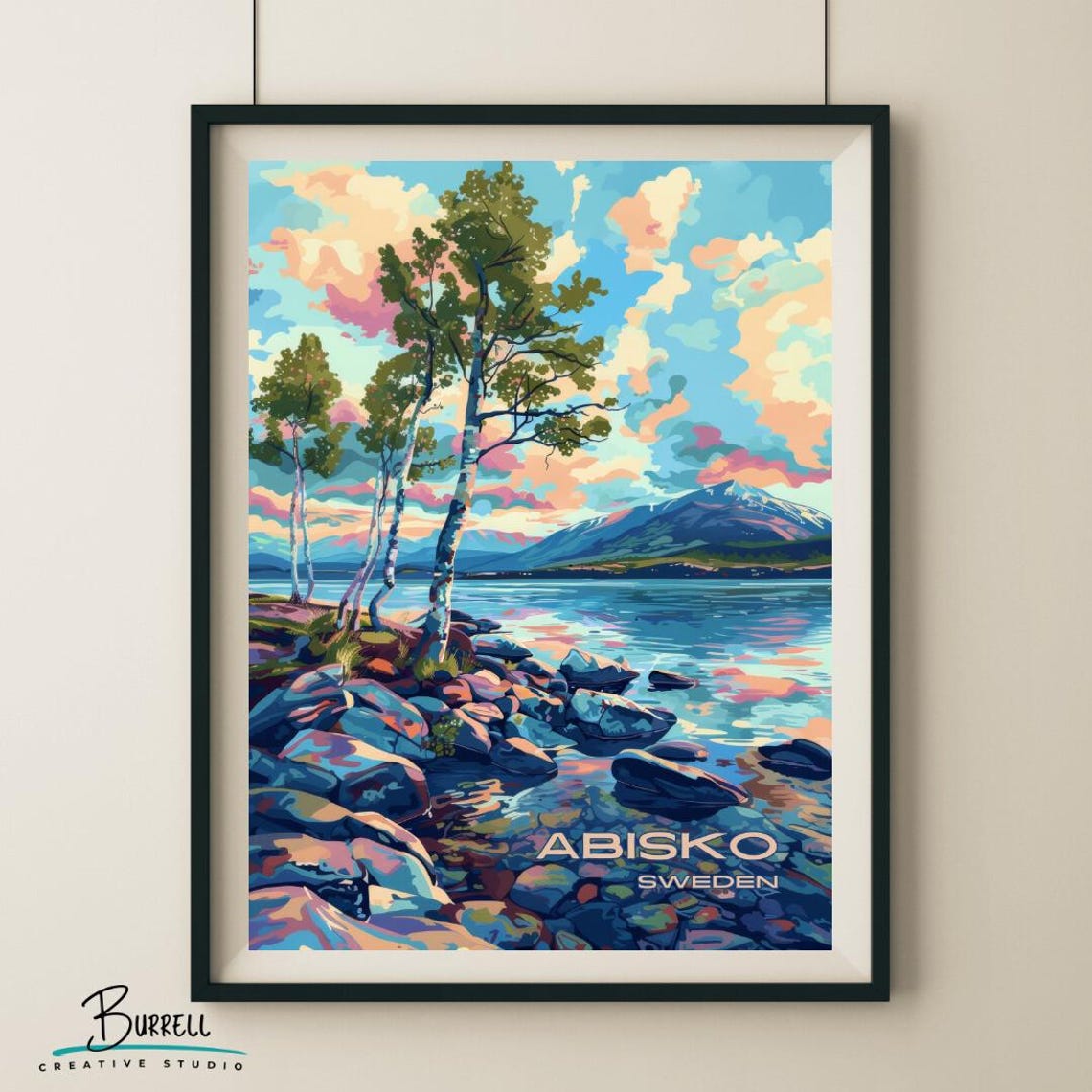 Abisko Sweden Birch Trees Rocky Shore Lake Mountains Travel Poster