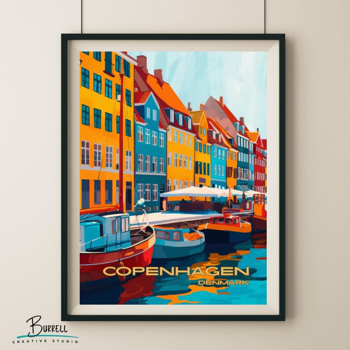 Copenhagen Denmark Nyhavn Harbor Boats Colorful Quay Travel Poster