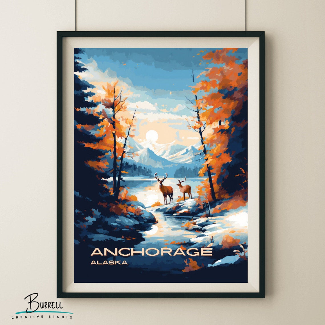 Anchorage Alaska Autumn Lake Moonlit Deer Forest Shore Poster