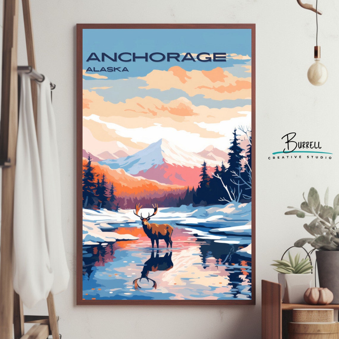 Anchorage Alaska Caribou In Snowy Stream Mountain View Poster - Image 4