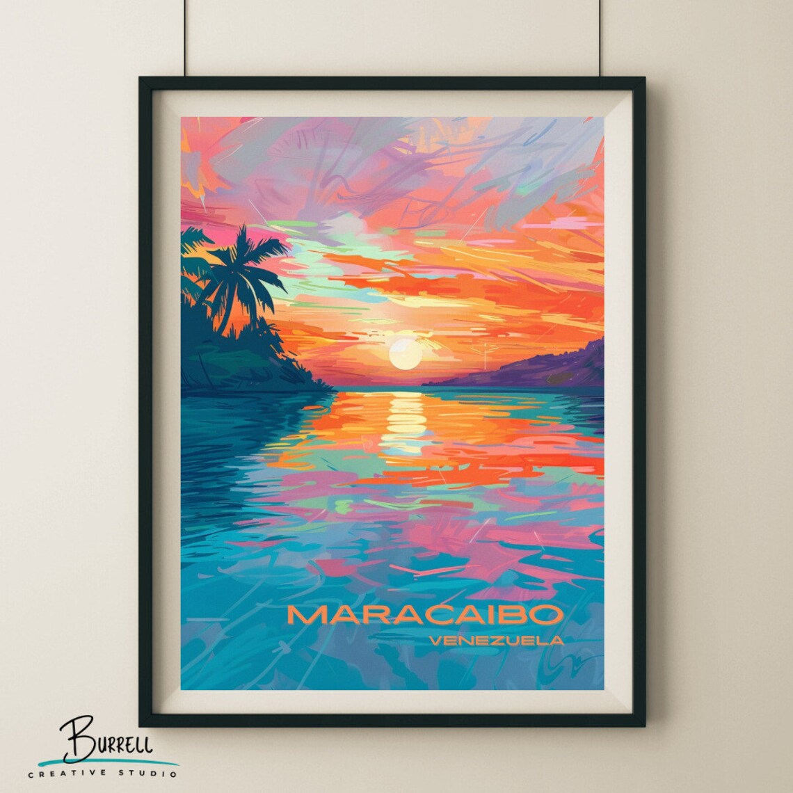 Maracaibo Venezuela Lake Sunset Palm Trees Tropical Travel Poster - Image 4