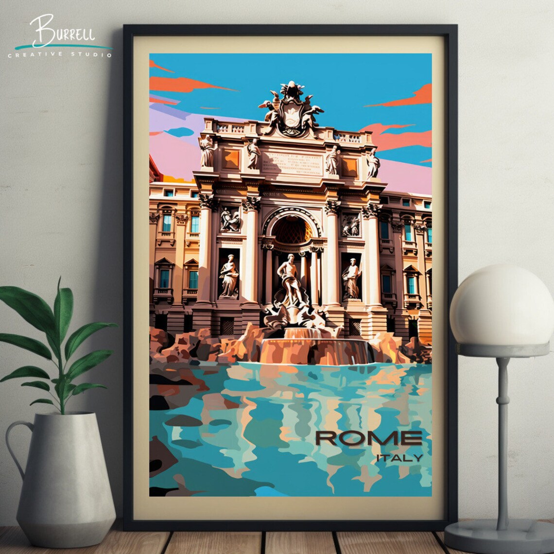 Rome Italy Trevi Fountain Illustrated Retro Landmark Travel Poster - Image 3
