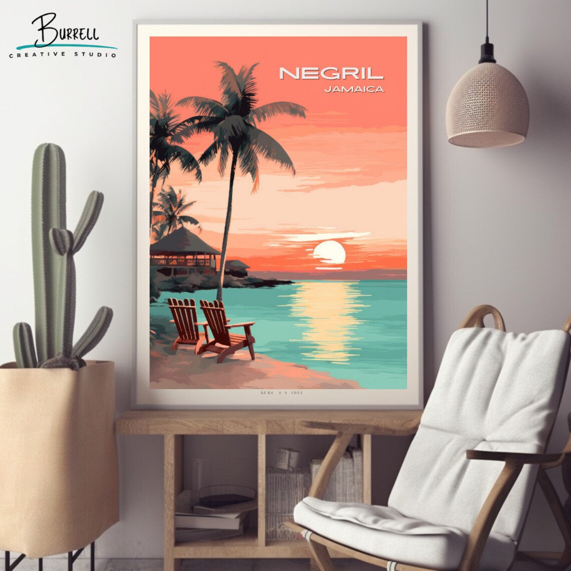 Negril Jamaica Beach Sunset Palm Chairs Tropical Travel Poster
