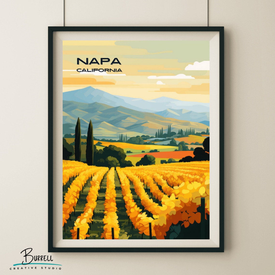 Napa California Golden Vineyard Rows Cypress Hills Wine Travel Poster