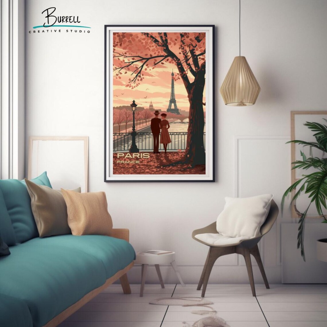 Paris France Eiffel Tower Autumn River Couple Vintage Travel Poster - Image 3