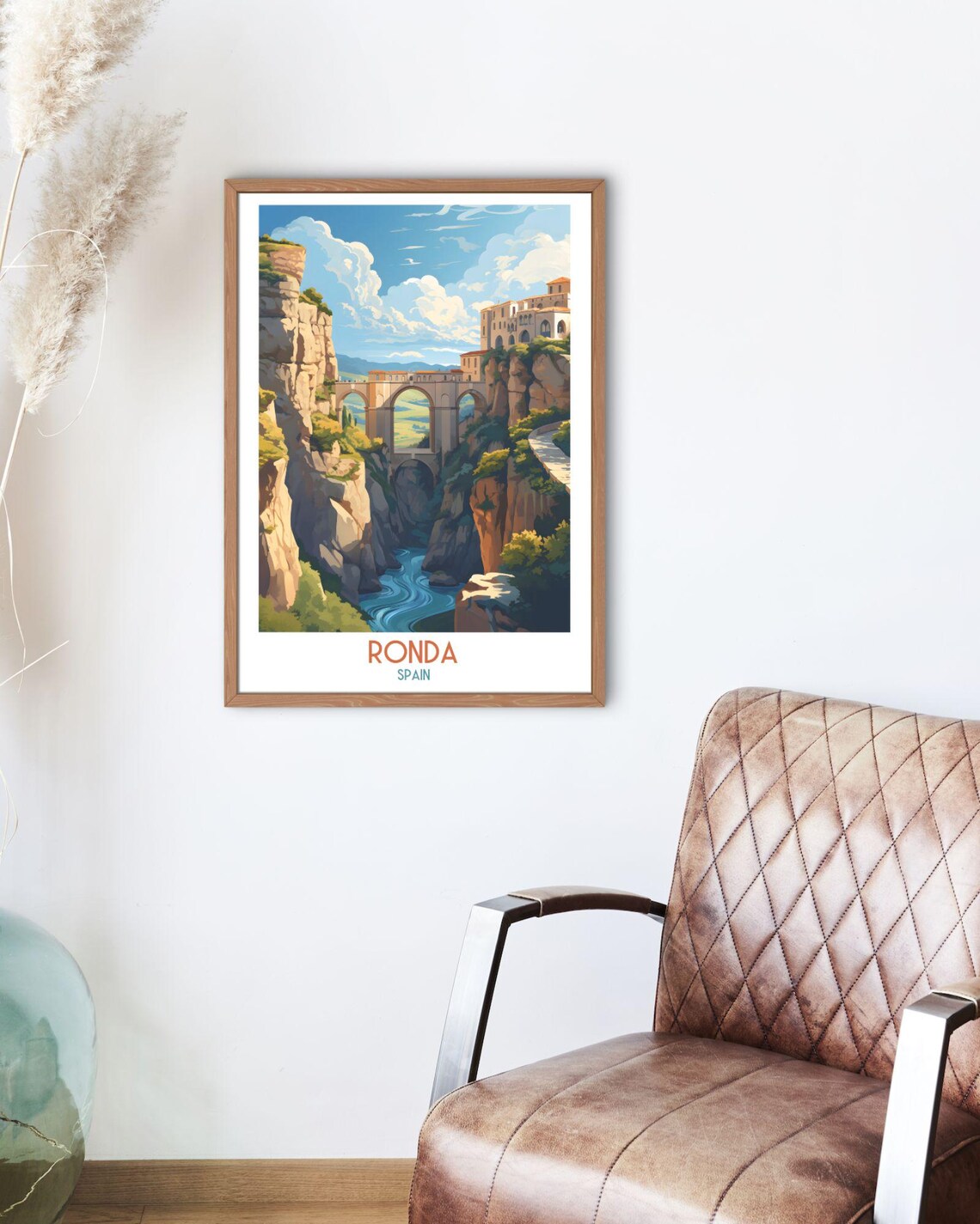 Ronda Spain Gorge Bridge and Winding River Below Travel Art Print - Image 2
